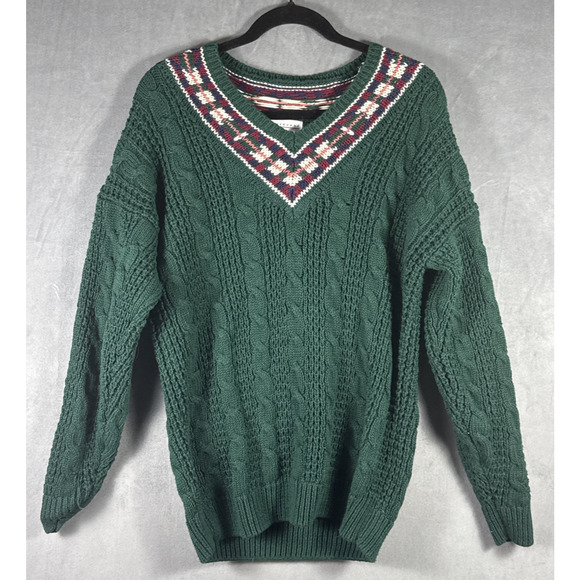 Vintage Weathervane Ramie Cotton Green Cable Knit V Neck Sweater Women's Medium - Picture 1 of 5